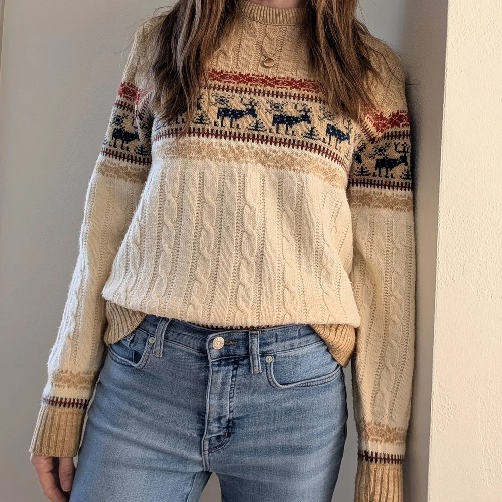 Vintage Reindeer Geometric Chunky Cable Knit Wool Sweater In Cream/Navy